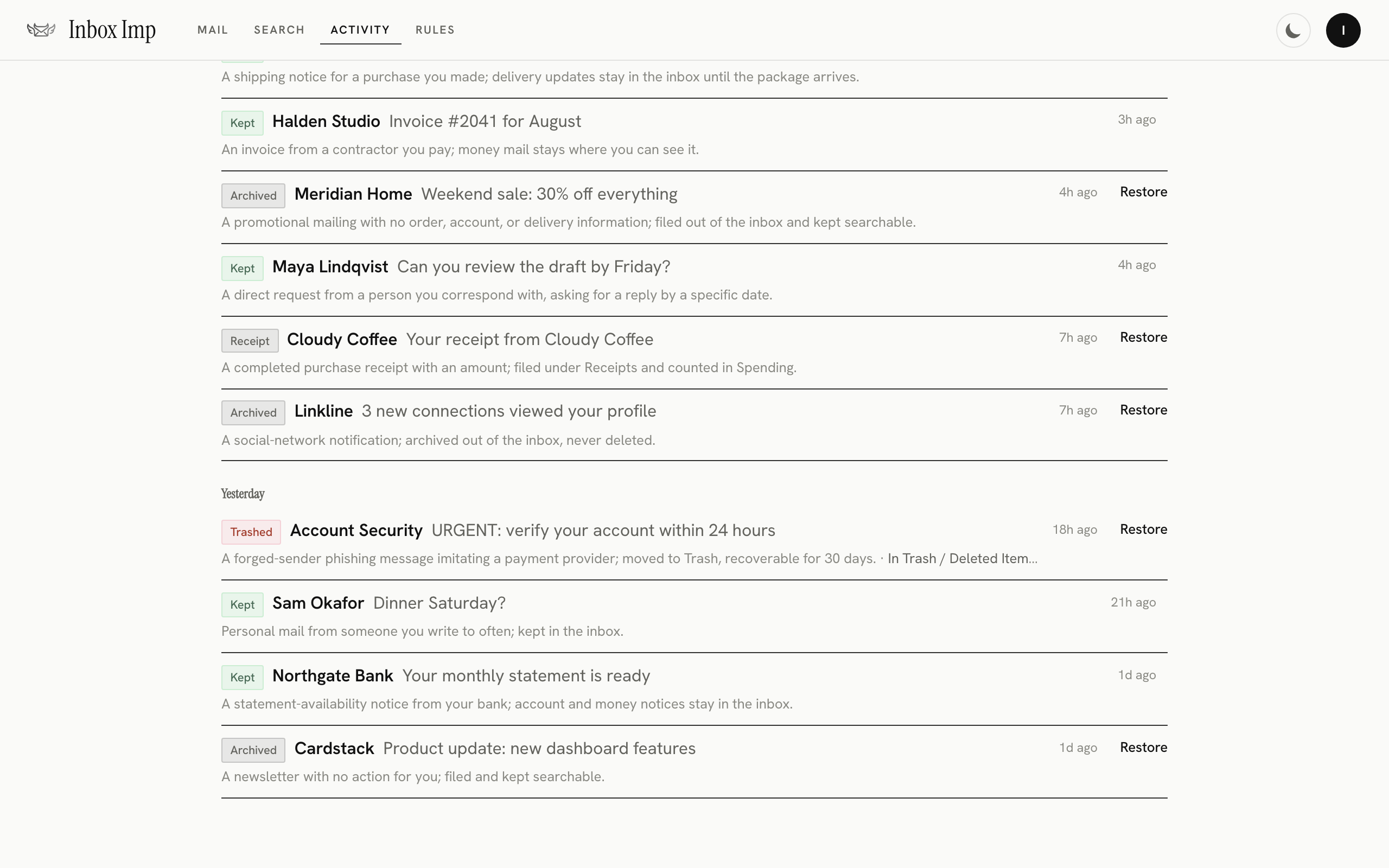 Inbox Imp Activity screen showing mail decisions, reasons and Restore controls.