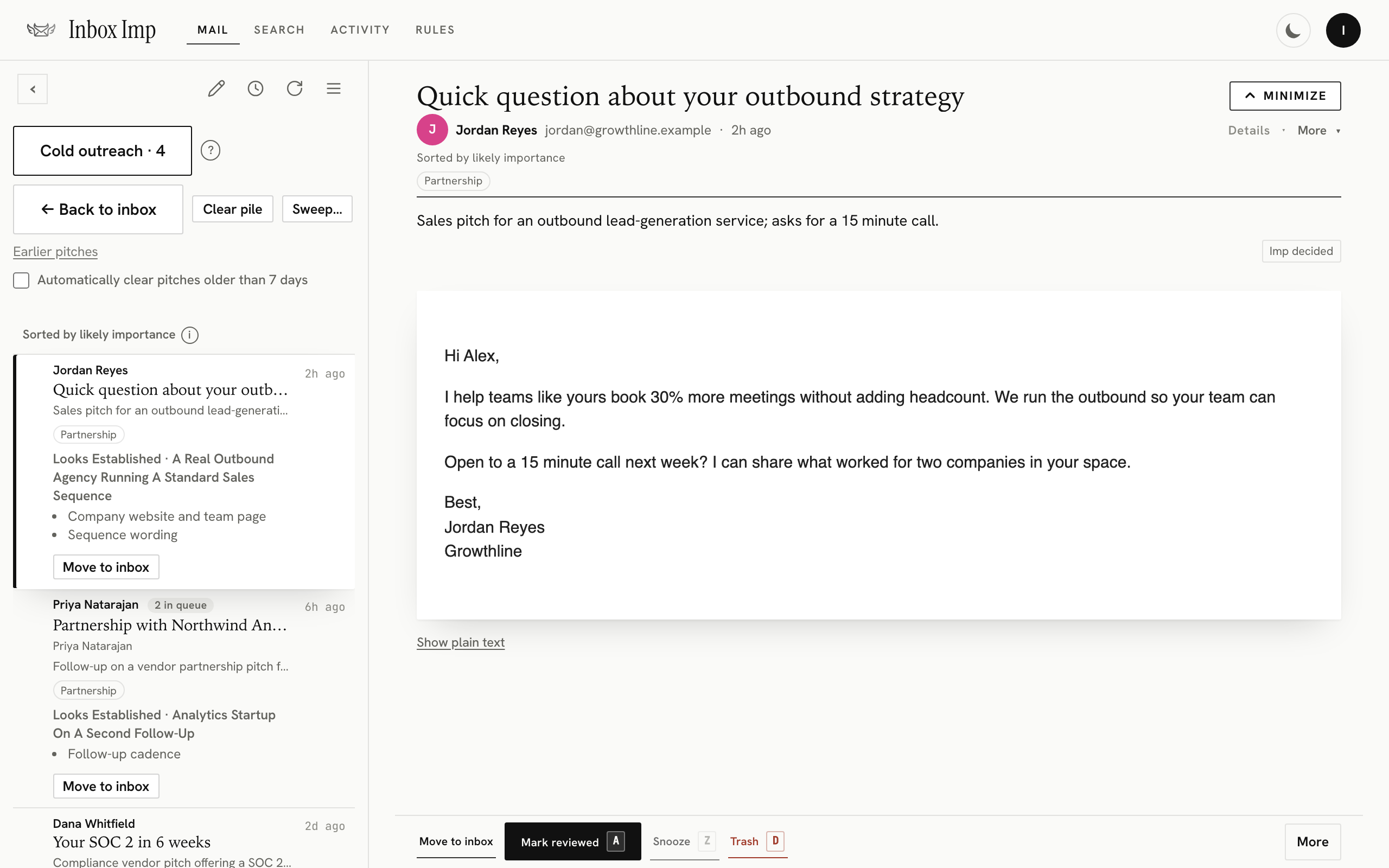 Inbox Imp pitch pile showing cold outreach messages filed outside the inbox.