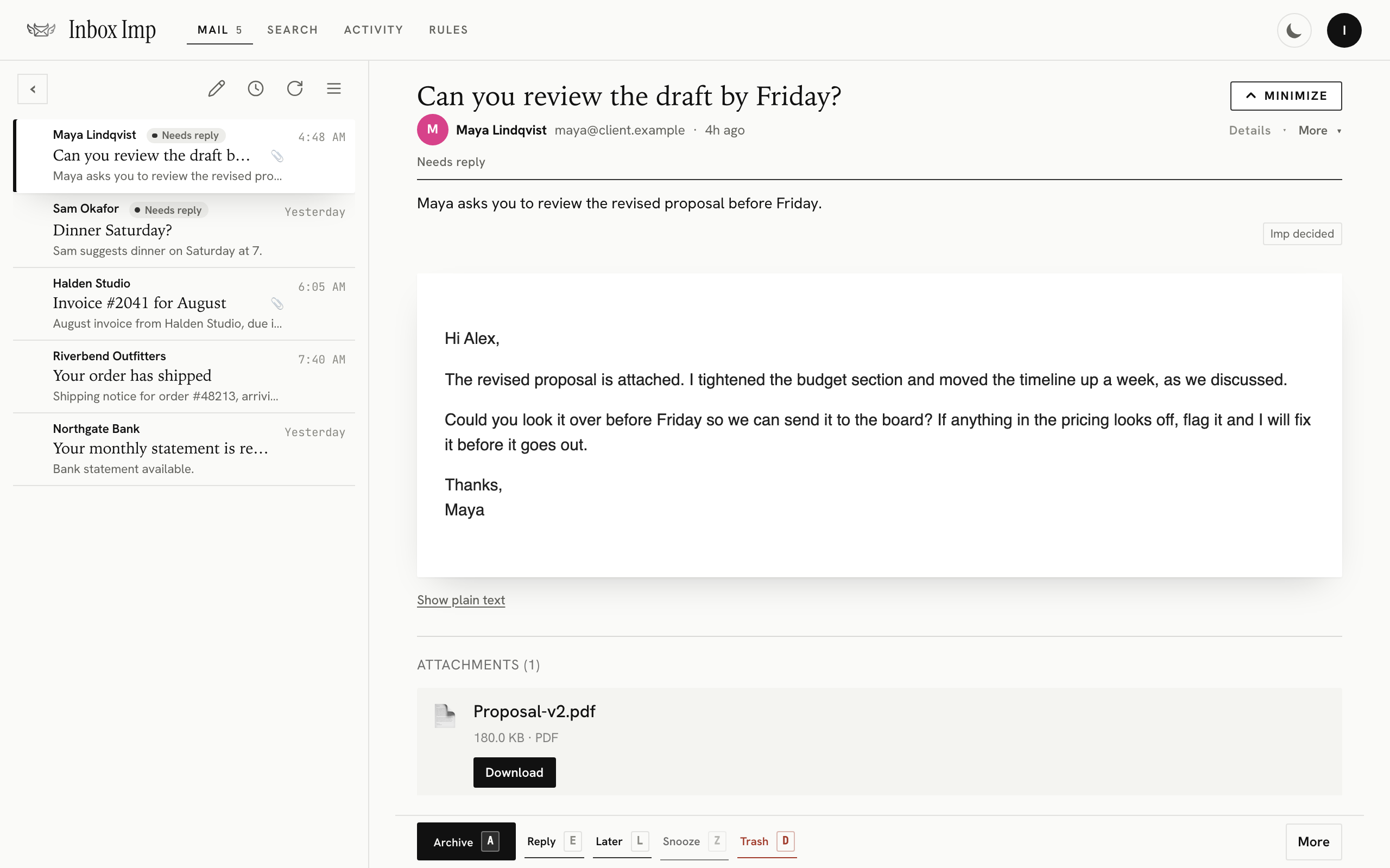 Inbox Imp queue with five kept messages, the first marked Needs reply and open in the reader with a one-line summary.