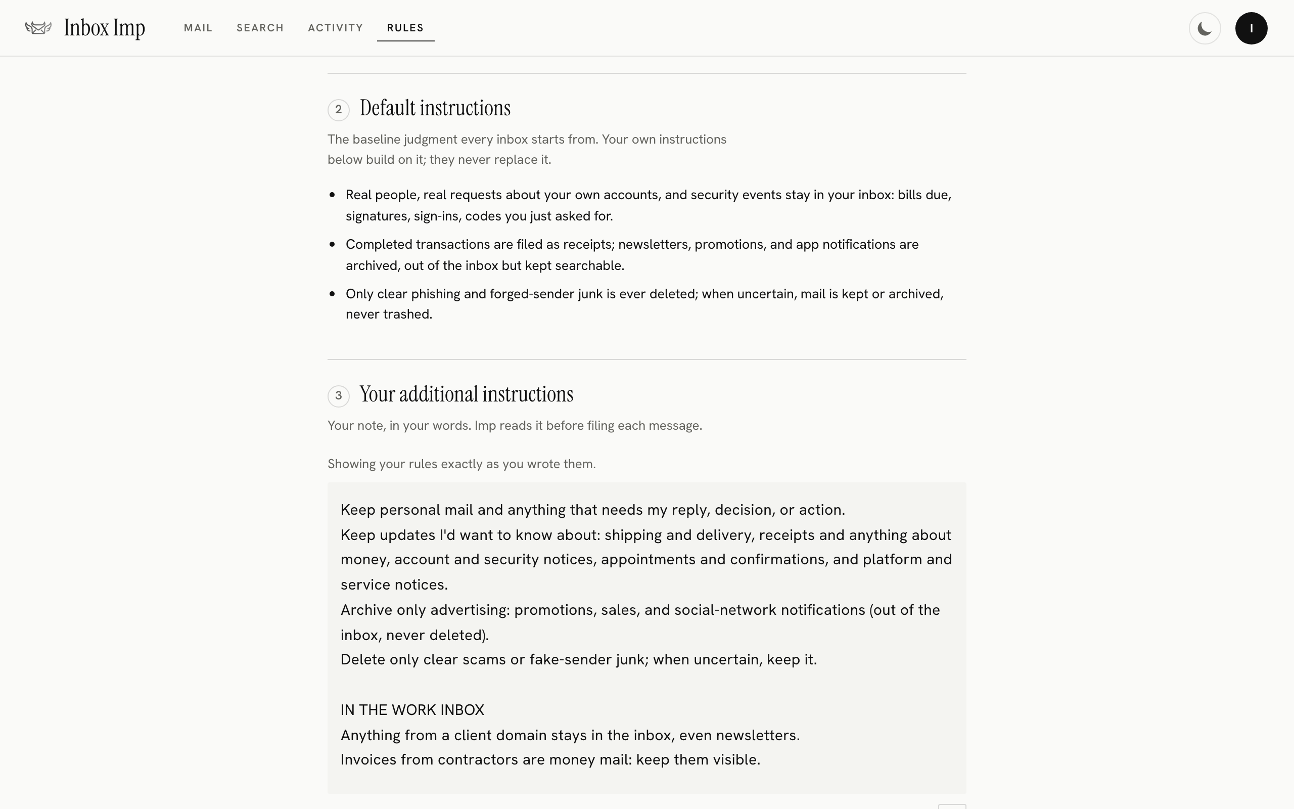 Inbox Imp Rules screen with an editable plain-English email policy.